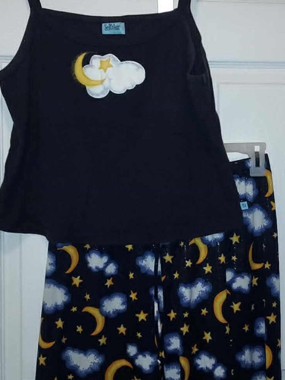 MOON STARS CLOUDS PAJAMAS Soft Wear Junior Sparkle Silky Pants Tank Top Vintage - Picture 2 of 5